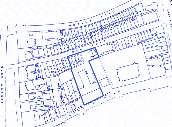 map 1965 - with the Telephone House site, York Road / Church Road